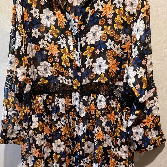 Sandro Paris Reyes Floral Button-Front Sheer Smock Dress in Black & Mustard - Picture 5 of 16